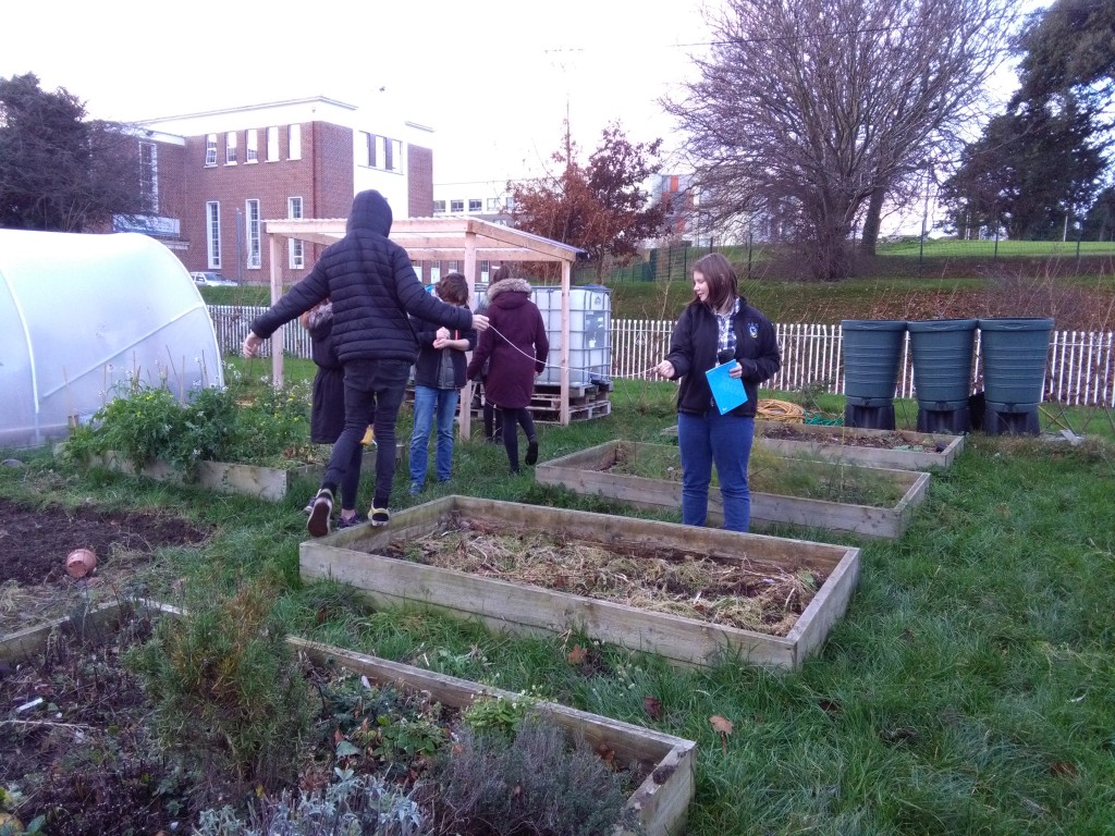 Students measuring Headlands garden to make scaled plan drawings 